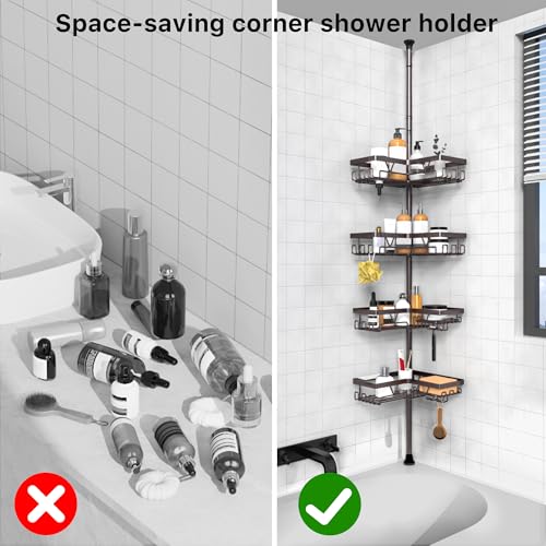 KEGII 4-Tier Corner Shower Caddy Tension Pole - Waterproof Shower Rod Organizer, Floor to Ceiling Tension Rod 25-114.2 inch, Stainless Steel Corner Shower Shelf, Bronze - style: Tension Caddy - Brown