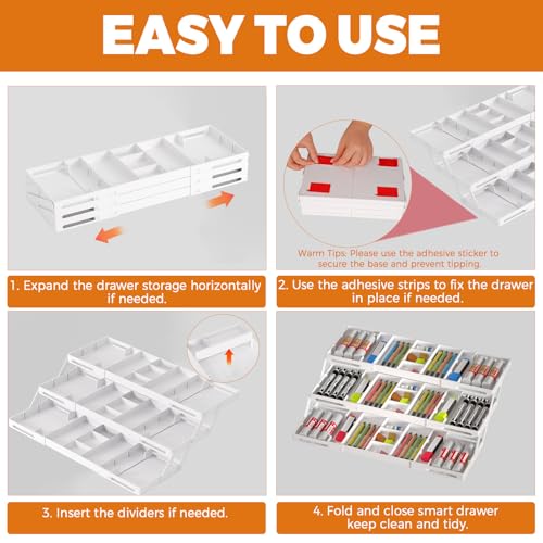 3 Tier Drawer Organizer - Expandable Junk Drawer Organizer Smart Office Supply Organizer, Folding Drawer Storage Multi-level Desk Organizer for Makeup,Jewelry,Kitchen Storage (1 Row 3 Tier, White) - color: White, size: 1 Row 3 Tier