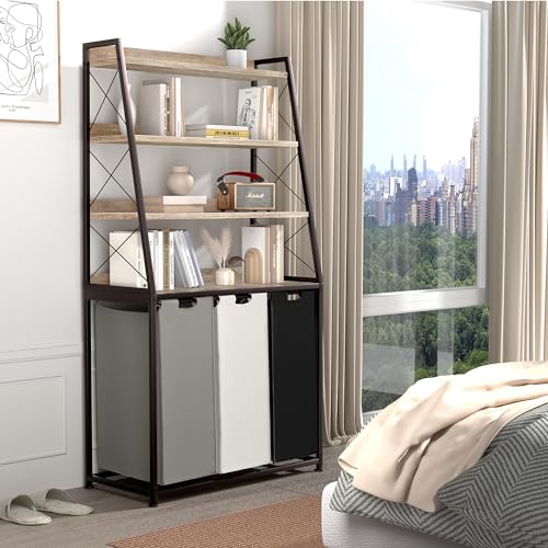 Herture Laundry Basket, 3 Section Laundry Hamper with 4 Tiers Shelf, Pull-Out and Removable Laundry Bags, Large 3 x 15.87 Gallons, for Laundry Room Bathroom Greige PF05XLZ - color: Greige + 3-Color, size: 3 Bags-180 L
