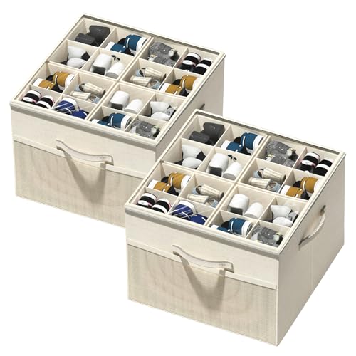 Aokeyee Shoe Organizer for Closet,2 Pack Foldable Shoe Storage Organizer Box Bin with Adjustable Dividers and Clear Cover, Fits up to 16-32 Pairs - color: Beige, size: 2 PCS