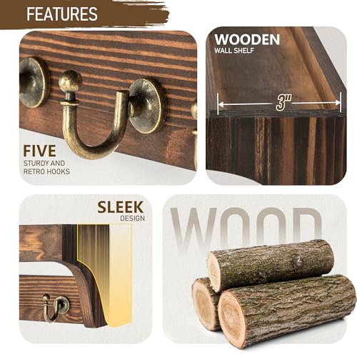 Rebee Vision Pine Wood Key Holder Wall Mount - Multifunctional Key Holder for Wall with Hooks and Shelf for Mail, and Hats - Perfect for Home and Office Organization (Vintage Brown) - color: Retro Brown