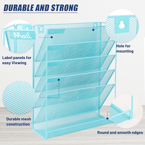 EASEPRES Desk File Organizer Mesh 6-Tier, Hanging Wall Mount Document Organization Stand, Desktop Vertical Mail Paper Folder Holder Rack with Bottom Tray for Office Home Cubicle Countertop, Blue - color: Blue, size: 6 Tier