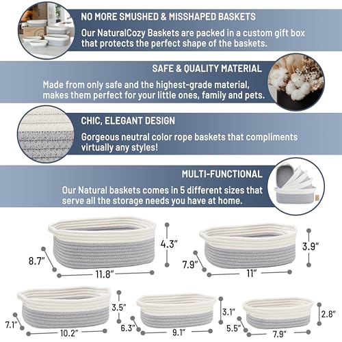 NaturalCozy 5-Piece Rectangle Storage Basket Set- Natural Cotton Rope Woven Baskets for Organizing! Small Basket for Montessori, Baby Nursery, Dog Toy Baskets, Cat Toy Box, Bathroom Organization Bin - color: Off White & Gray