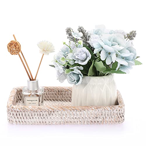 Sumnacon 10 Inch Rattan Bathroom Vanity Tray - Decorative Wicker Toilet Tank Tray for Paper Hand Towel, Vintage Storage Basket Bin for Bathroom Kitchen Toilet Tank Vanity Countertop Table Shelf White - color: White, size: 10" x 6.1" x 1.8"