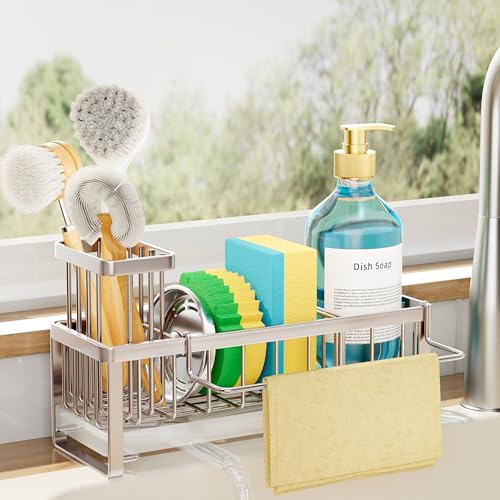 SWTYMIKI Sponge Holder for Kitchen Sink - Sink Caddy with Brush Holder Self-draining Sponge Caddy Organizer with Divider Stainless Steel Kitchen Accessories Storage for Countertop, Sand Nickel - color: Sand Nickel
