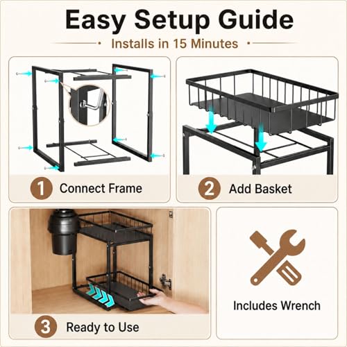iSPECLE Under Kitchen Sink Organizer - 2 Tier Pull Out Under Sink Storage for Centered Garbage Disposal, Reach Back Items Easily Adjustable Shelf Height Heavy Duty H-Frame for Bathroom Sink Bases