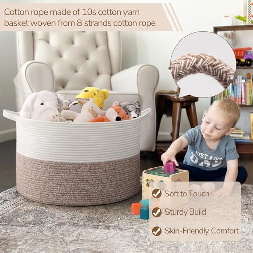 INDRESSME Large Blanket Basket, Laundry Toy Storage Baskets, Decorative Woven Basket for Living Room & Nursery, Baskets for Gifts Empty, Laundry, Dog Toys, Towels, White & Brown, 19.7" D x 12.6" H - color: White & Brown, size: 19.7"D x 12.6"H
