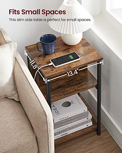 VASAGLE Side Table with Charging Station, 3-Tier End Table with USB Ports and Outlets, Nightstand for Living Room, Bedroom, 11.8 x 13.4 x 22.8 Inches, Plug-in Series, Rustic Brown and Black - color: Rustic Brown + Black