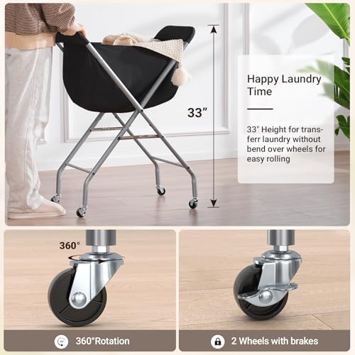 ELYKEN Laundry Cart with Wheels, 33”H Easy Rolling Laundry Hamper with Removable Liner Bag, Sturdy Metal Frame Clothes Basket with 4 Casters and 2 Brakes - color: Black, size: 25.6"L x 22"W x 33"H