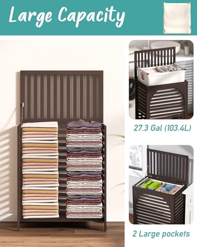 Laundry Hamper, 27.3 Gallon (103L) Bamboo Wood Clothes Laundry Basket with Lid and Handles, Removable Liner - color: Brown, size: Extra Large