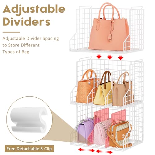 Sonyabecca Purse Storage Organizer for Closet : Adjustable 3-Pack Dividers Handbag Organizer - Stackable Wire Handbags Storage Baskets -Open Cabinets Wallets Tote Chain Bags Clutches -White - size: 3-pack large
