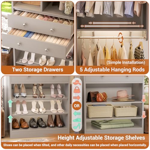 Closet System with 2 Drawers, 5 Hanging Robs, 4 Adjustable Shelves, 90.5"*31.5" Closet Organizer System with Corner Tower, L-shape Walk-in Closet System, Corner Closet System Set of 2, Morandi Grey - color: Morandi Grey, size: 90.5" * 31.5"