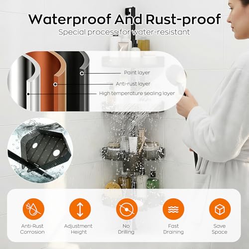 Corner Shower Caddy, Extendable Rustproof Shower Organizer Adjustable 4-Tier Bathroom Shelves Anti-Tipping Bathtub Shampoo Storage Floor Standing Bath Rack Shower Shelf with Soap Dish