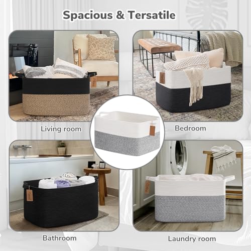 Goodpick Woven Storage Baskets for Organizing 22”x17”x12” Large Blanket Basket for Living Room Home Decor, Rectangle Rope Toy Basket for Kids, Gift Baskets Empty with Handles, Gray - color: Light Grey, size: 22"L x 17"W x 12"H
