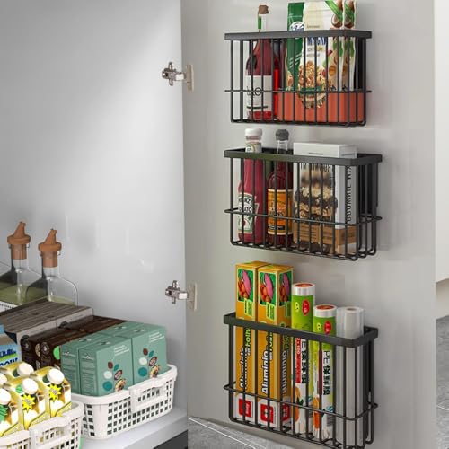 3 Piece Kitchen Cabinet Door Storage Box,Self Adhesive Wall Mounted Storage Boxes,Wardrobe/Bathroom/Refrigerator Small Items Organizer Storage Box (Black3) - color: Black3