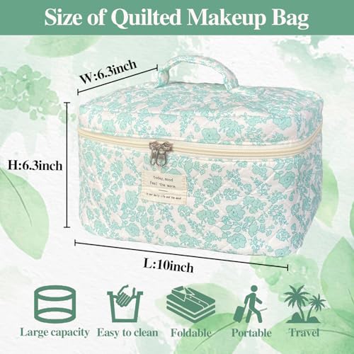Green Large Quilted Floral Makeup Bag Cute Soft Coquette Aesthetic Cosmetic Bag Cotton Travel Toiletry Bag for Women - color: A-Green