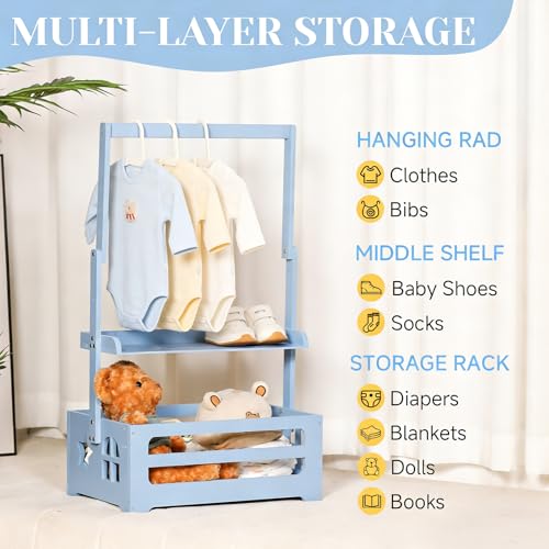 Baby Shower Crate Closet, Gender Reveal Storage Box with Wooden Baby Clothing Display Rack, Nursery Closet Organizer with Hanging Rod, Shelf & Toy Crate for Newborn Boy or Girl - Blue - color: Blue