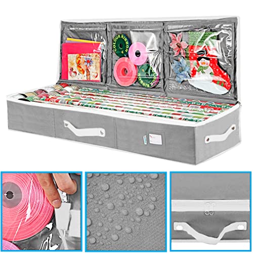 Primode Wrapping Paper Storage Container | Gift Wrap Organizer Under Bed 41”x14”x6” Box Holder for 18-24 Rolls Up to 40” | 600D Oxford Material | Pockets for Ribbon Bows (Grey) - color: Grey