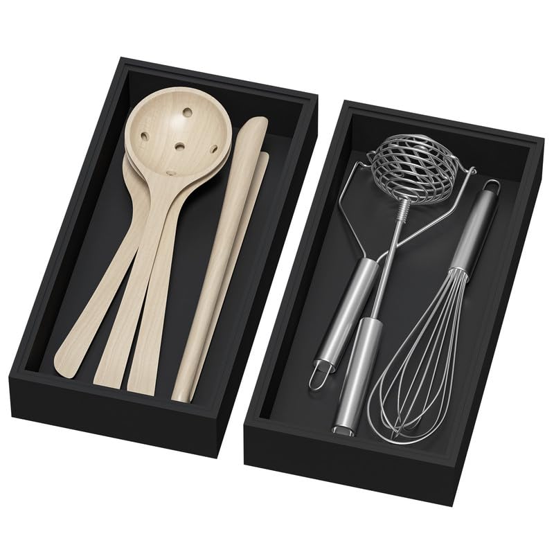 Lixple Bamboo Drawer Organizer, Cutlery Silverware Organizer for Kitchen Drawer, Stackable Utensil Organizer, 2 Pcs Flatware Organizer, Wooden Storage Box Tray (Black, 12 X 6 X 2 Inch) - color: Black, size: 12 x 6 x 2 Inch
