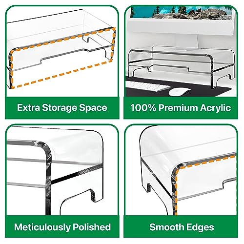 AMT Clear Acrylic Monitor Stand Riser 2 Tier, 5.5 Inches High Clear Computer Desk Organizer Shelf for Multi Media PC Storage Laptop