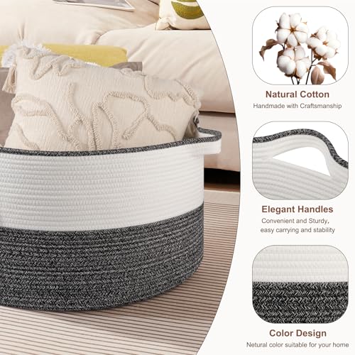 OIASKET Large Blanket Basket with Handles, 22.8" x 22.8" x 13" Woven Storage Basket for Living Room, Cotton Rope Baby Toy Storage for Clothes, Pillows, Towels-Black & White - color: Black and white, size: 90L