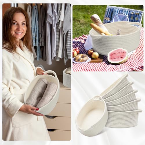 6 Pcs Small Woven Basket 12 x 8 x 5 Empty Gift, Cotton Rope Storage, Decorative Dog Cat, Cute Oval Basket for Bedroom Living Room Organizing(White) - color: White