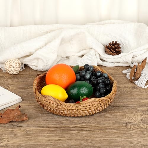 Hipiwe Natural Rattan Tray 8.5" Wicker Storage Bowls Hand Woven Basket Tray for Bread Fruit Key Round Fruit Baskets for Kitchen Entryway Tabletop Decorative Baskets Bowl - color: Natural Color, size: Small,8.5"