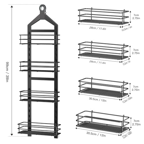 Orimade Adjustable Anti-slip Hanging Shower Caddy over Shower Head,Rustproof Bathroom Hanging shower Organizer with 4 Hooks for Razor,No Drilling Shower shelves Storage Rack,Black 4 Tier - color: Black - 4 Tier