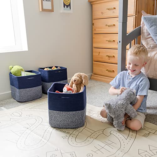 NaturalCozy Storage Cubes 11 Inch Cotton Rope Woven Baskets for Organizing, 3-Pack | Cube Storage Bin | Square Storage Baskets for Shelves Organizer, Classroom, Kids Toy Bins, Closet, Baby Nursery - color: Dark Blue & Mixed Dark Blue