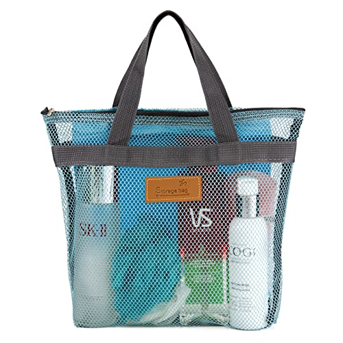 TOPASION Mesh Shower Caddy Bag Portable Hanging Toiletry and Bath Organizer with Zipper for Travel, Gym, Camping, College Dorms, Beach - color: Sky Blue