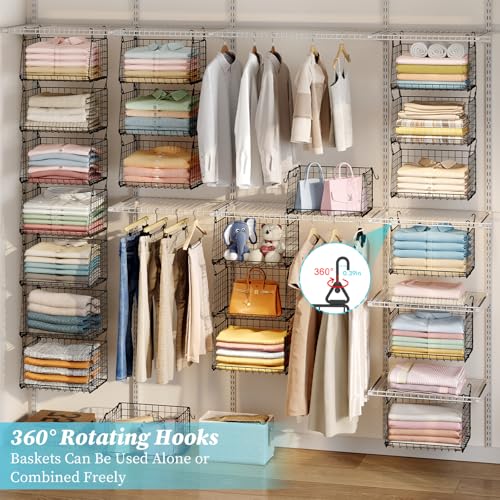 3-Pack Hanging Laundry Room Organizaton：Foldable Laundry Basket Wire Basket with 360°Rotating Hooks Small Space Organization Over Washer and Dryer Shelves - Hanging Closet Organizer, Black Patent - size: 3-Pack 13.9*11*28.9inch