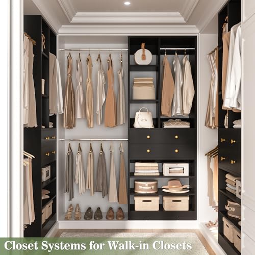 Besiost Closet System, 4.2–8.8 FT Closet Organizer with 2 Wooden Drawers and Shelves, Walk-in Closet System with 5 Hang Rods, Built-in Reach in Closet Tower, Can Fit 60 to 96 inch, Black - color: Black