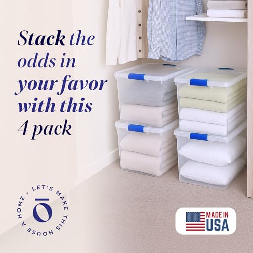 HOMZ 4-Pack 31 Quart Latching Lid, Clear Plastic Storage Organizer Bins, Blue – Stackable Containers for Home & Office Shelves, Kitchen, Garage, and Bathroom Organization - color: Blue, size: 31 QT (4 Pack)