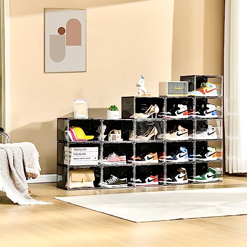 Amllas New 8 Pack Shoe Boxes Stackable, Large Shoe Storage Organizer with Lids,Drop Side Shoe Containers for Entryway,Sneaker Storage Fit up to US Size 13 for Men/Women(13’’x 10.6”x 8.3”) - color: Clear and Black