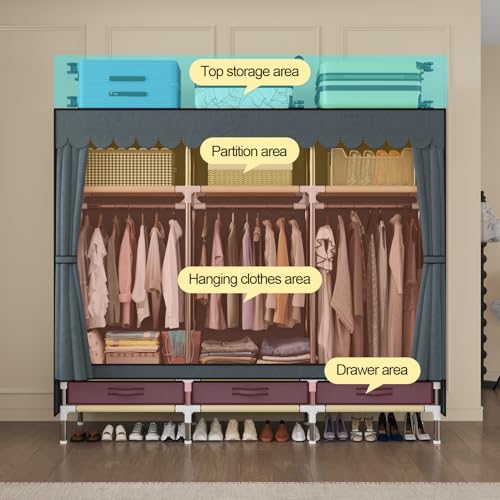 Portable Wardrobe, Freestanding Closet Hanging Organization, Metal Frame with Grey Fabric Cover, 3 Storage Compartments, 3 Hanging Rods, 3 Drawers. - color: Grey