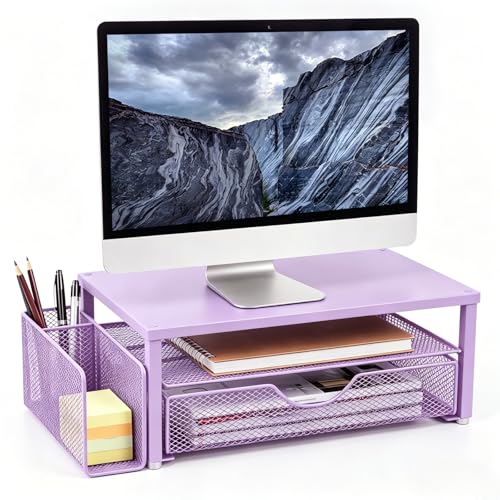 Spacrea Desk Organizer and Accessories, Computer Monitor Stand Riser with Drawer and 1 Open Pen Holder, Printer & Laptop Stand, Office Desk Accessories for Home Office Supplies (Purple) - color: Purple - Metal Drawer