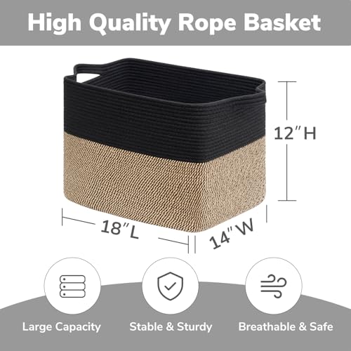 Goodpick Woven Baskets for Organizing, 18" x 14" x 12" Wicker Laundry Basket with Handles, Decorative Toy Baskets Storage Kids, Blanket Basket for Living Room, Bedroom - color: Black, size: 18"L x 14"W x 12"H