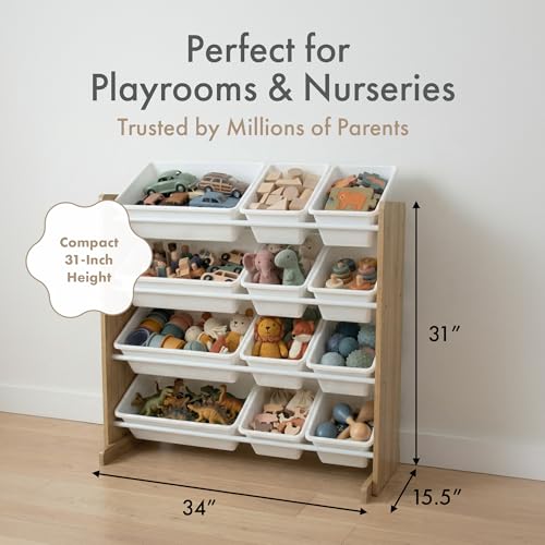 Humble Crew Toy Storage Organizer with 12 Removable Storage Bins for Kids Playroom, 4-Tier Toddler Toy Organization, Natural Wood/White - color: Natural Wood/White