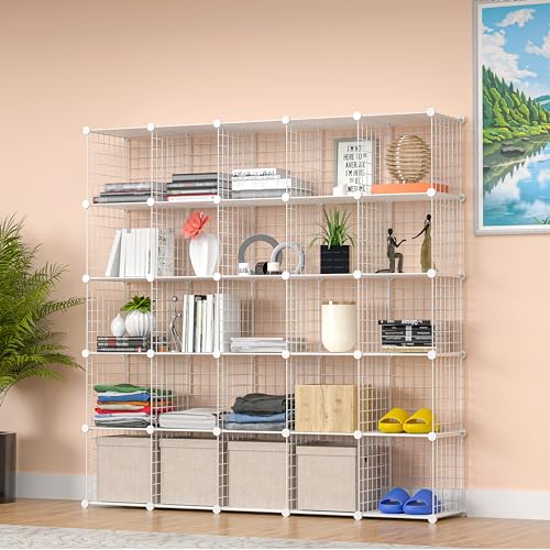 TUMUCUTE Cube Storage Organizer, Metal 25-Cube Shelves Bookshelf, Portable Closet Clothes Organizer for Bedroom, Home, Office, White - color: White Plus Iron, size: 25 Cubes