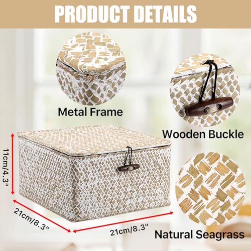 Hipiwe Handwoven Seagrass Basket with Lid Square Wicker Basket Bin Closet Storage Box Multipurpose Household Organize Container for Home Decor, Small,Whitewash - color: Whitewash color, size: Small