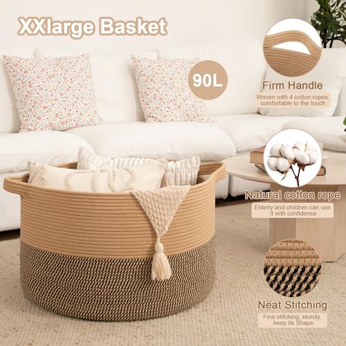 OIAHOMY 90L XXXLarge Blanket Basket for Living Room, 21.7" x 13.8" Woven Cotton Rope Laundry Basket for Organizing Pillows, Decorative Stuffed Animal Toy Storage Bin for Nursery, Jute and Black - color: Jute and Black, size: 21.7"D x 13.8"H