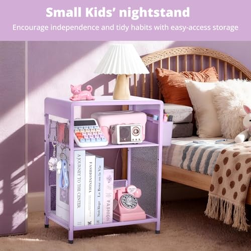 ECOLOVI Kids Nightstand 19in High for Floor Beds, 3-Tier Metal Small Bedside Table with Adjustable Storage Shelf, Basket & 3 S-Hooks, Low Nightstand for Nursery, Toddler Bedroom (Purple) - color: Purple