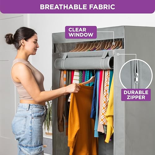 HOLDN’ STORAGE Portable Wardrobe Closet - 50 lb Capacity, Internal Heavy Duty Metal Rod, Zipper & Clear Window, Durable Clothes Organizer, Tool-Free Easy Assembly, Dark Gray Canvas Cover - color: Dark Gray, size: Medium