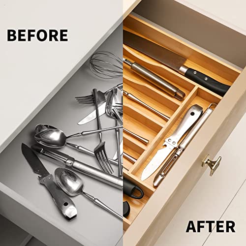 Expandable Bamboo Kitchen Drawer Organizer for Cutlery and Utensils, Adjustable Bamboo Wood Cutlery Tray in Drawer for Flatware and Silverware in Kitchen, (Natural) - color: Natural, size: 7 Slots Expandable