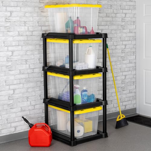 Sterilite 4 Tier Tote Rack, Vertical Plastic Organizer with 4 Pack 27 Gallon Industrial Storage Totes, Clear - for Garages, Workshops, or Basements - size: 27 Gallon - Clear/Yellow + Tote Rack