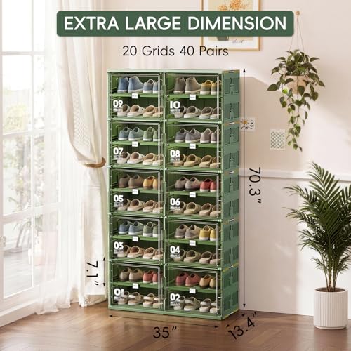 JEKO&JEKO 10 Tiers Green Foldable Shoe Rack Organizer for Entryway, Outdoor Front Door Shoe Storage Cabinet, Large Collapsible Shoe Box with Magnetic Doors, Holds Up to 40 Pairs - color: Double-row(Green), size: 10 Tiers