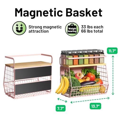 Magnetic Shelf for Fridge with Wood Lid, Fruit Potato and Onion Storage Bins, Pantry Organizers & Storage, Large Container Magnetic Spice Rack for Refrigerator, Kitchen Counter, Cabinet (Pink, 1) - color: Pink, size: 1-Regular