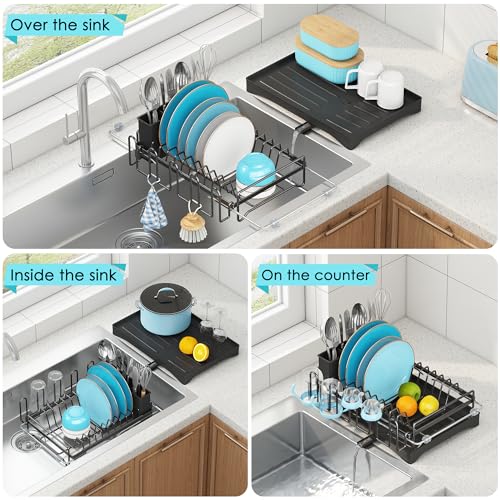ANTOPY Dish Drying Rack in Sink, Expandable Rustproof Dish Rack for Kitchen Counter, Over The Sink Dish Drainer with Utensil Holder, Cup Rack, Drainboard, Space Saving Dish Dryer Rack for Inside Sink - style: In Sink (Medium)