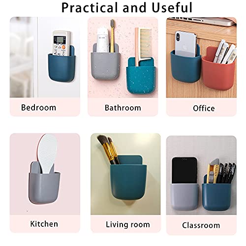 3 Pack Remote Control Holder Wall Mount Holders Hole-Free Phone Charging Organizer Pen Storage Containers For Home Office School Supply Storage (Blue) - color: Blue