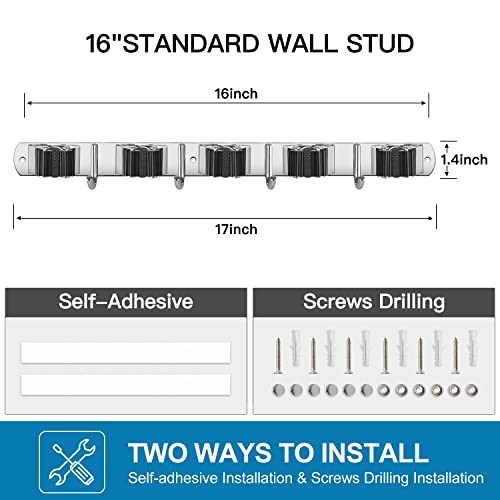 IMILLET 2 Pack Wall Mount Broom Holder Stainless Steel 5 Racks with 4 Hooks Broom Organizer Self Adhesive Heavy Duty Laundry Room, Garage Organization Storage - color: 5 Racks with 4 Hooks, size: 2 Pack